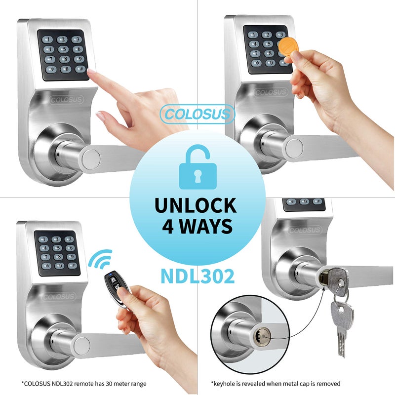 COLOSUS Electronic Smart Door Lock, Keyless Entry with Keypad, Key Fobs, Remote Control, Keys for Home, Office or Commercial, Silver NDL302 - Image 4